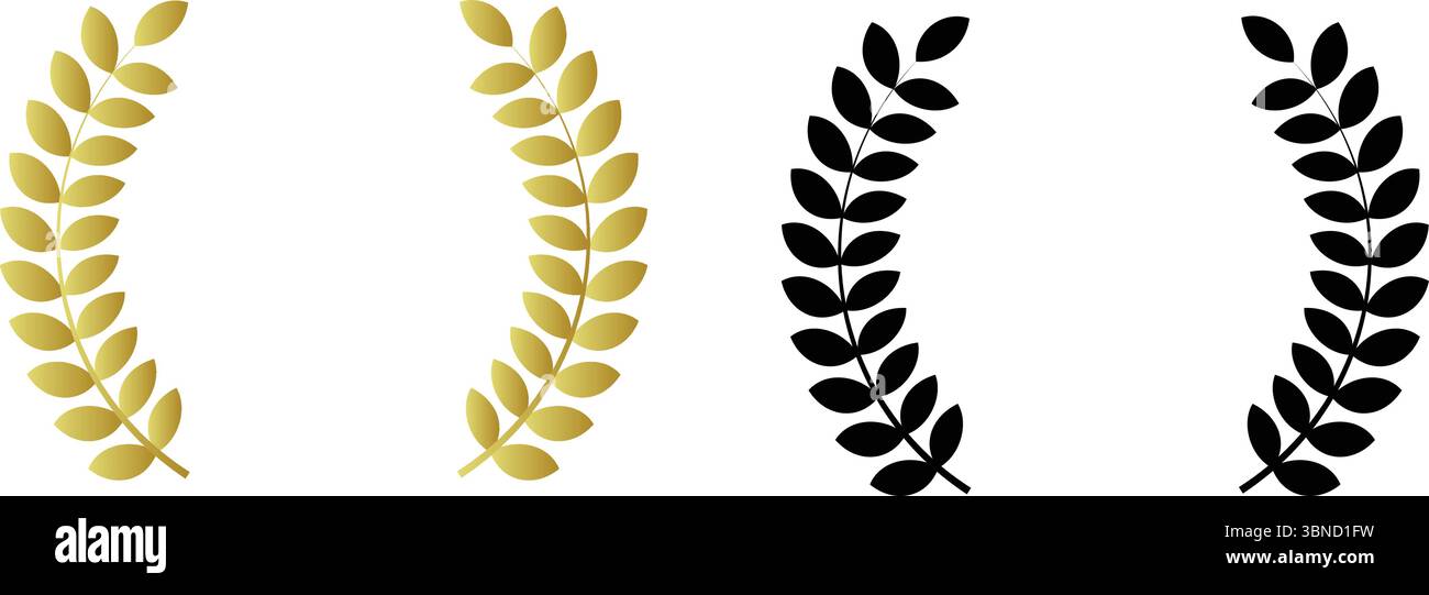 4 Lorbeerkranz Icons Gold, Black Victory Symbol Set Goldener Lorbeerkranz Goldener Zweig mit Blättern. Vektorabbildung auf schwarz und transparent b Stock Vektor