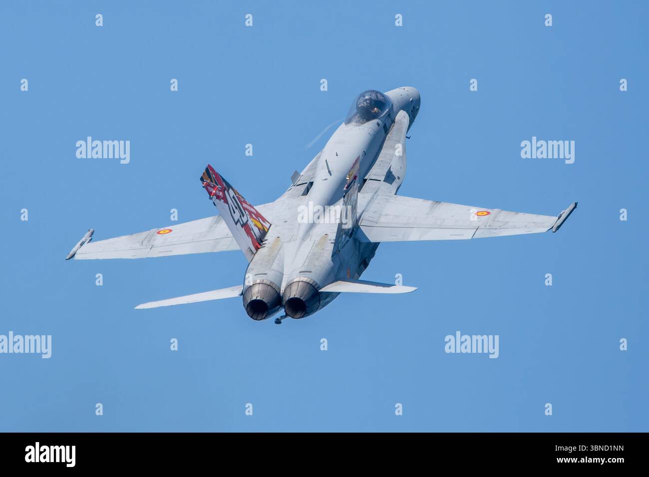 Die spanische Luftwaffe F-18 Hornet Kampfflugzeug auf dem Motril Air Festival mit spezieller Tiger Meet Lackierung. Stockfoto