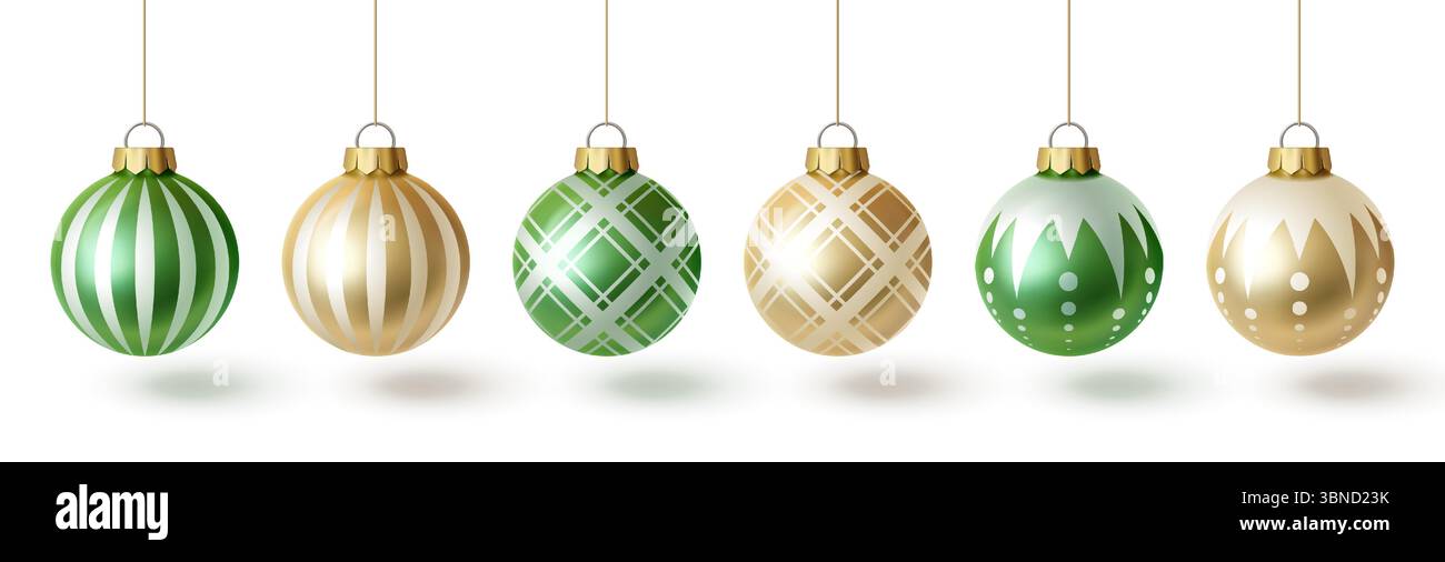 Weihnachtsbaumkugel im 3D-Glas-Stil mit dekorativen Mustern - gestreifte, karierte, geometrische und gepunktete Ornamente, die an goldenen Strängen hängen, farbenfrohe Weihnachtsdekorationen für festliche Designs. Stock Vektor