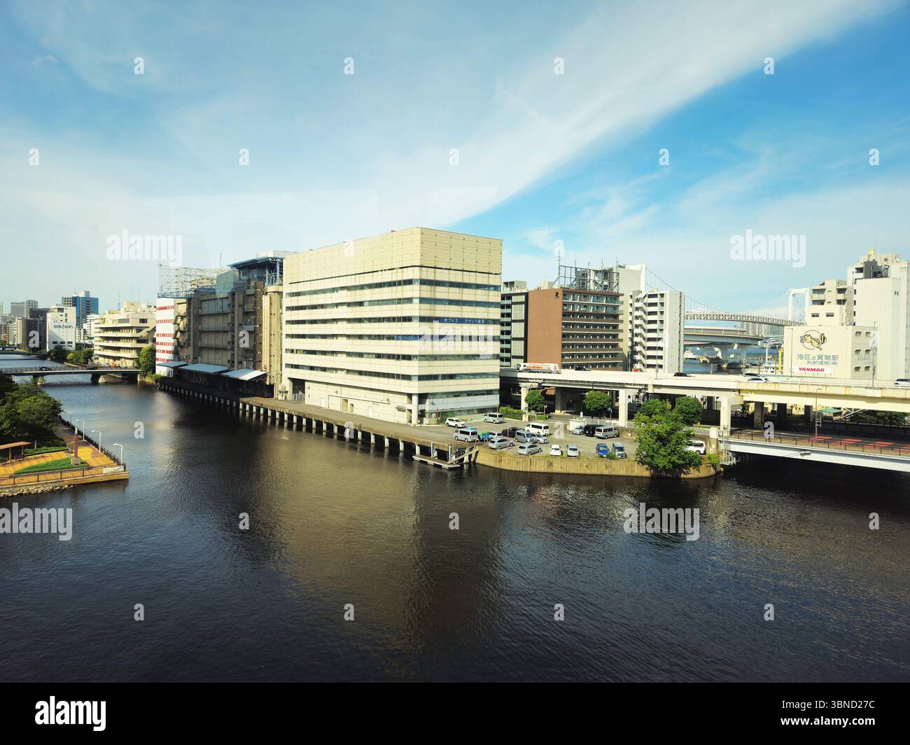 Hafenviertel von Tokio mit Büroblöcken und entfernter Regenbogenbrücke Stockfoto