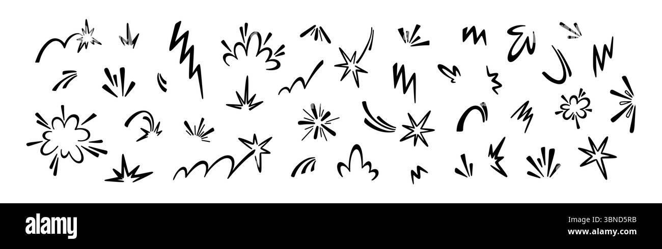 Set aus Ausleger, Spritzer, Aufprall, Explosion, Bersten, Bomb-Manga-Comic-Effekte. Handgezeichnete Kritzelsymbole. Handschrift Basketball, Tennis, Baseballball Bounce Stock Vektor