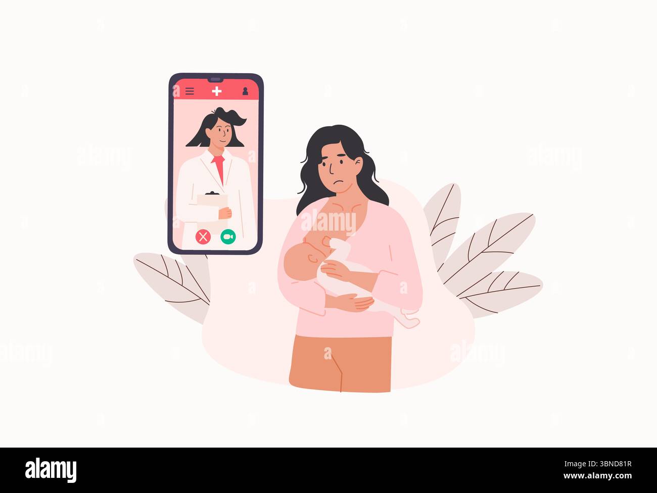 Unglückliche Mutter mit mobiler App, um sich bei Stillproblemen und Latch-Problemen mit dem Stillarzt zu beraten. Digitale Gesundheitsförderung für neue Mütter. Flach Stock Vektor