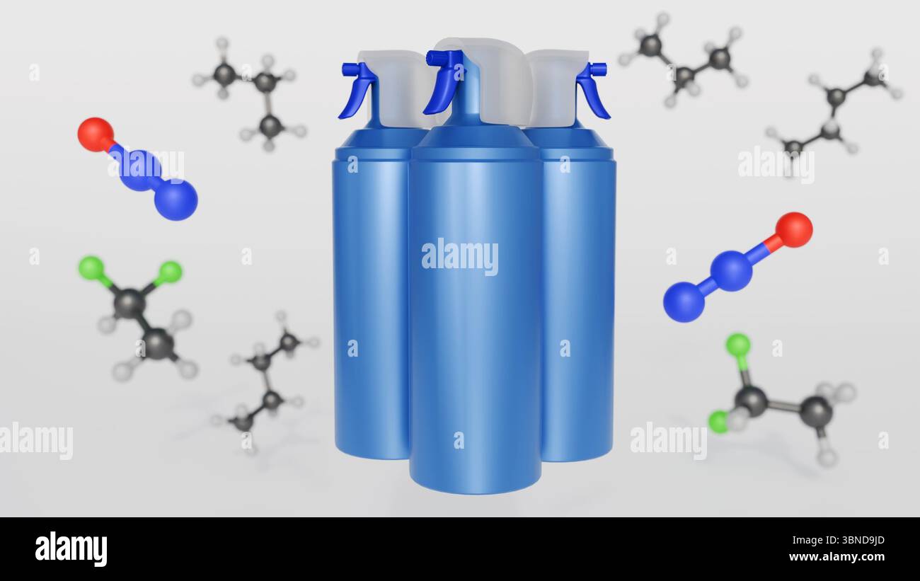 Ein 3D-Rendering von Luftstaubdosen und Butan-, Propan-, Chlormethan- und Dinitrogenmonoxidmolekülen. Uber die chemische Beschaffenheit des Inhalts von Luftstaubmitteln. Stockfoto