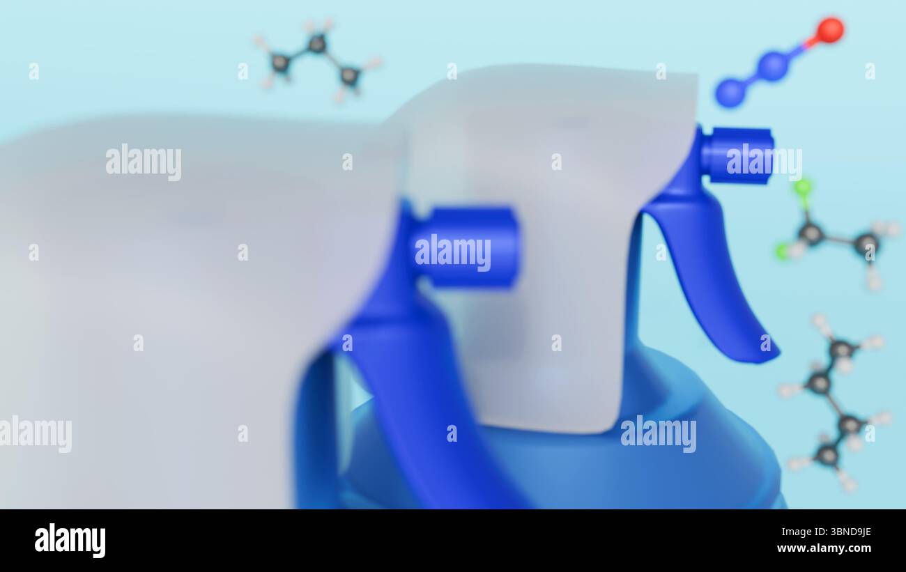 Ein 3D-Rendering von Luftstaubdosen und Butan-, Propan-, Chlormethan- und Dinitrogenmonoxidmolekülen. Uber die chemische Beschaffenheit des Inhalts von Luftstaubmitteln. Stockfoto