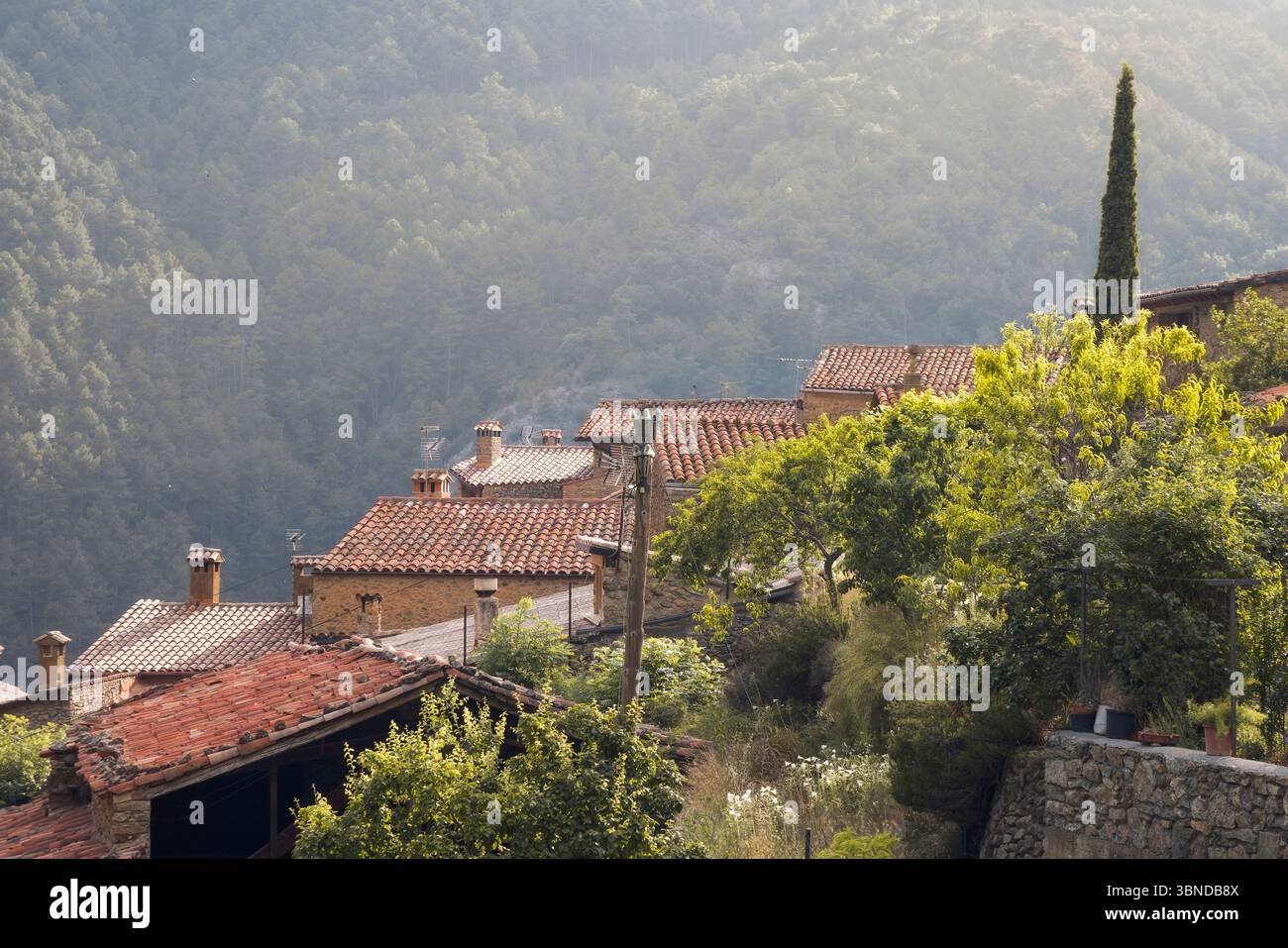 Eingebettet in die katalanischen Nountains, bietet Arseguel charmante Dächer unter einem sanften Nebel, einladende Ruhe. Stockfoto
