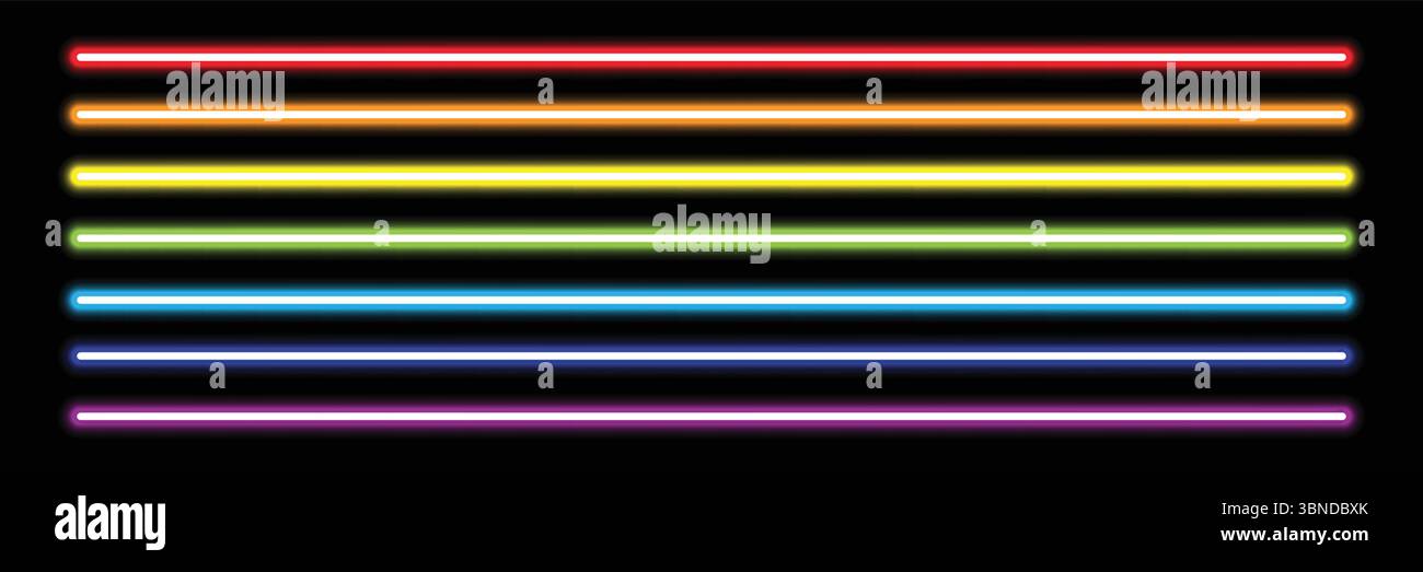 Horizontale Regenbogenlichter mit Neonröhre auf Schwarz, Vektor-Illustration. Stock Vektor