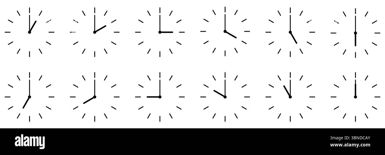 Horizontaler Satz eines analogen Uhrensymbols, das jede Stunde isoliert auf weiß benachrichtigt. Stock Vektor