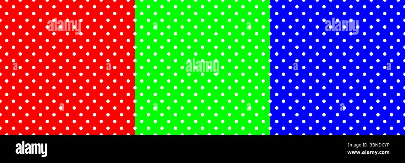 Weißes, kreisförmiges Polka Dot auf rotem, grünem und blauem Design für Muster und Hintergrund. Stock Vektor