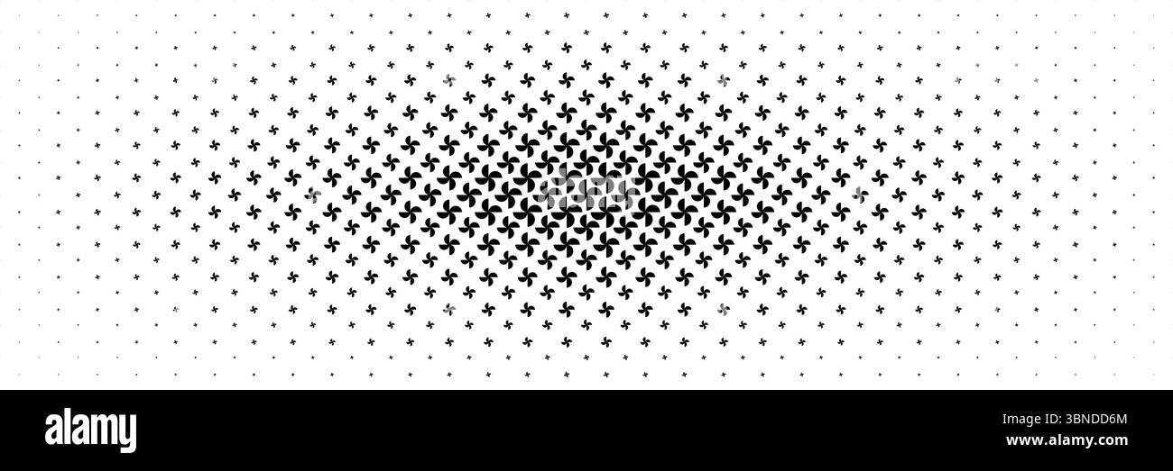 Horizontaler Halbton der schwarzen Windmühle, verteilt von der Mitte für Muster und Hintergrund. Stock Vektor
