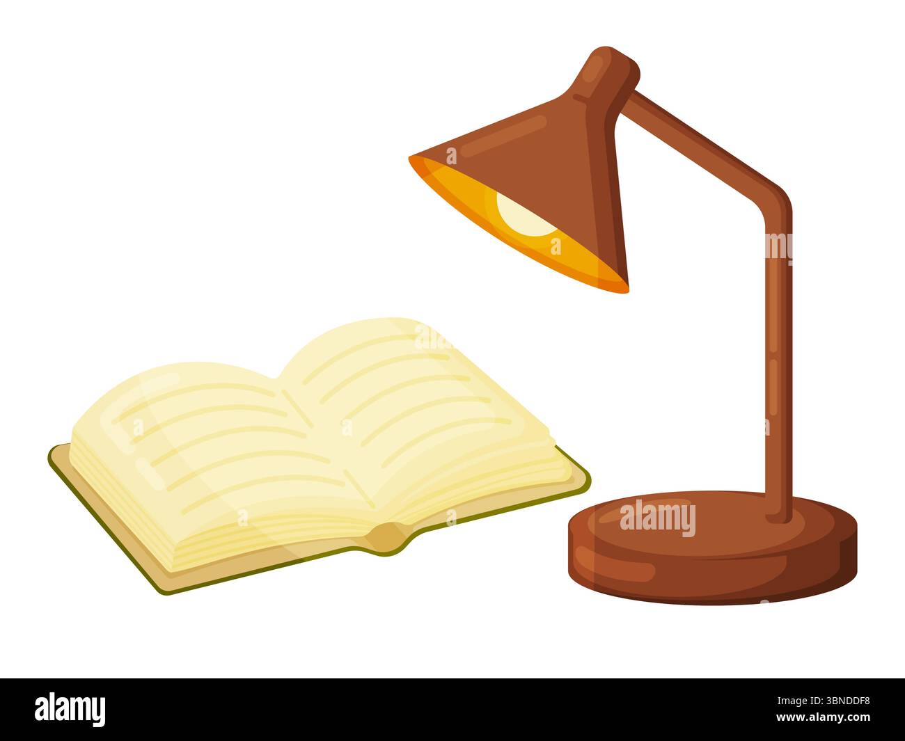 Flache Vektorabbildung eines offenen Buches mit leeren Seiten, die von einer Schreibtischlampe beleuchtet werden. Perfekt für Bildung, Studium, Lesen, Wissen und gemütliche späte... Stock Vektor