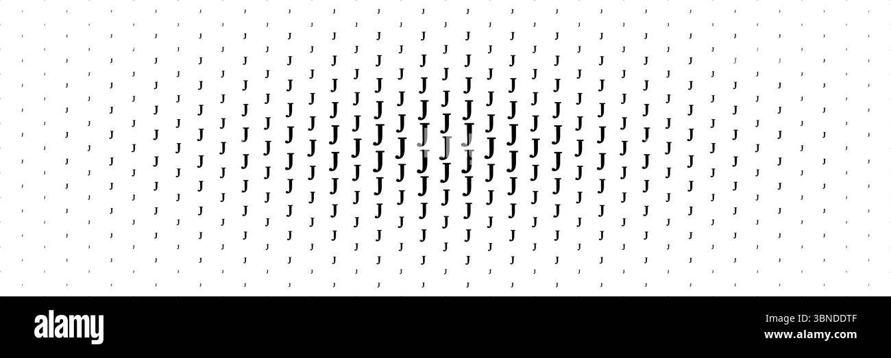 Horizontaler Halbton des schwarzen Großbuchstaben j, der sich von der Mitte für Muster und Hintergrund ausbreitet. Stock Vektor