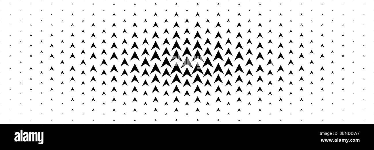 Horizontaler Halbton des schwarzen Pfeils, der sich von der Mitte für Muster und Hintergrund ausbreitet. Stock Vektor