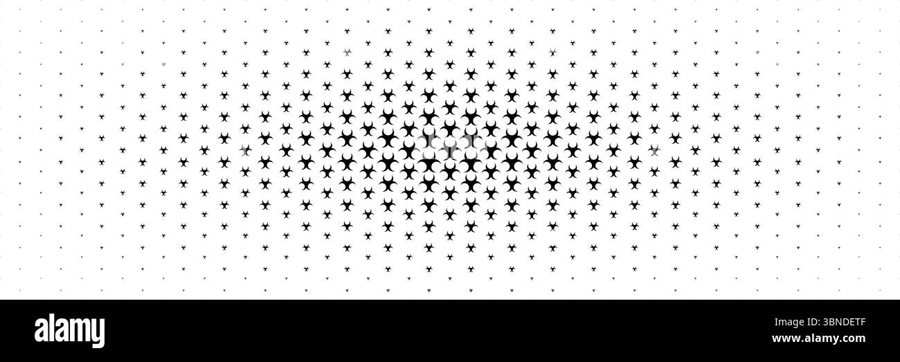 Horizontaler Halbton des schwarzen Gefahrstoffschilds, das von der Mitte für Muster und Hintergrund ausgebreitet wird. Stock Vektor
