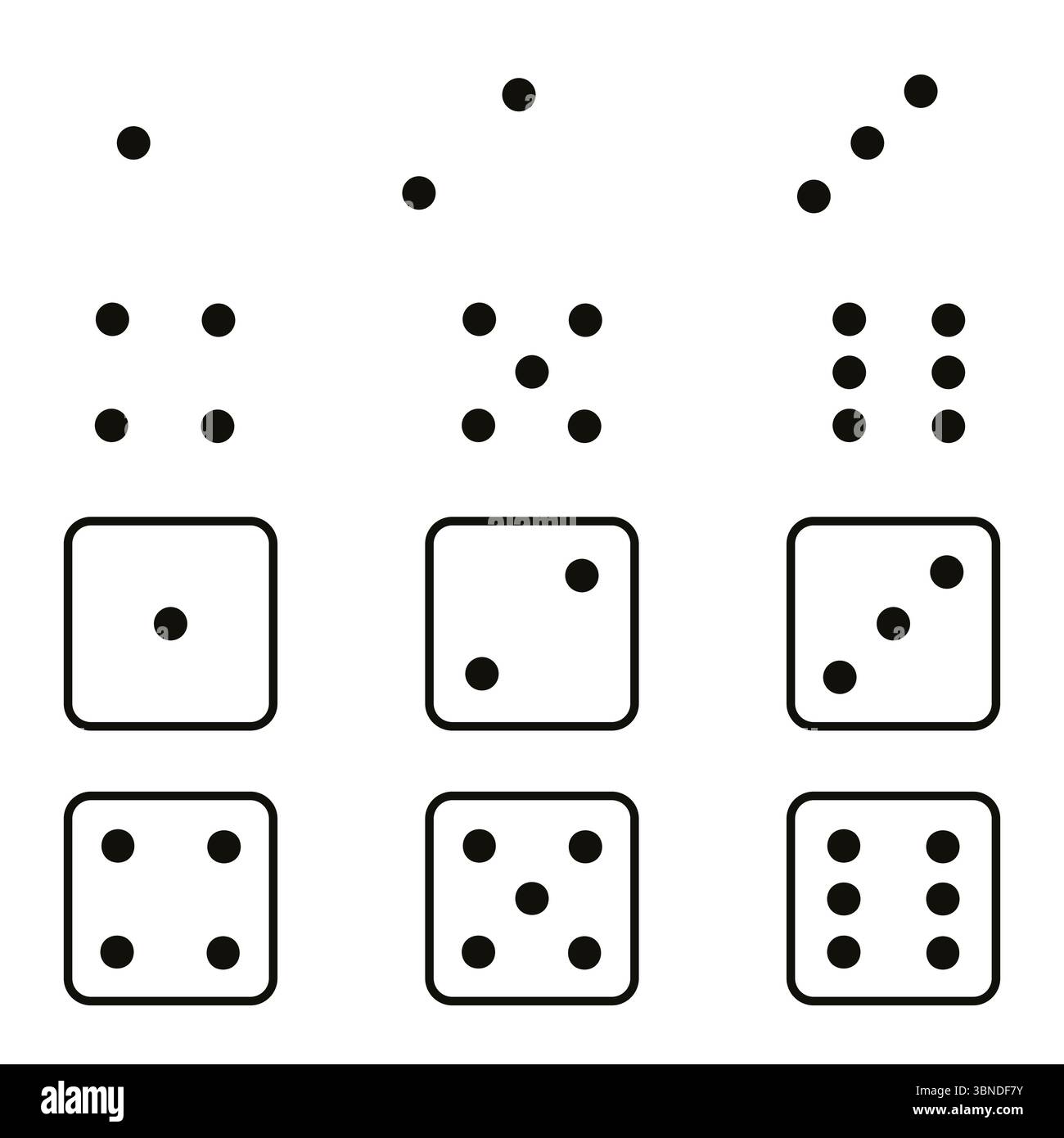 Symbol für Würfelmuster. Zufälliges Würfelmuster. Glücksspiel-Zufallsvektor. Minimales weißes Raster. Stock Vektor