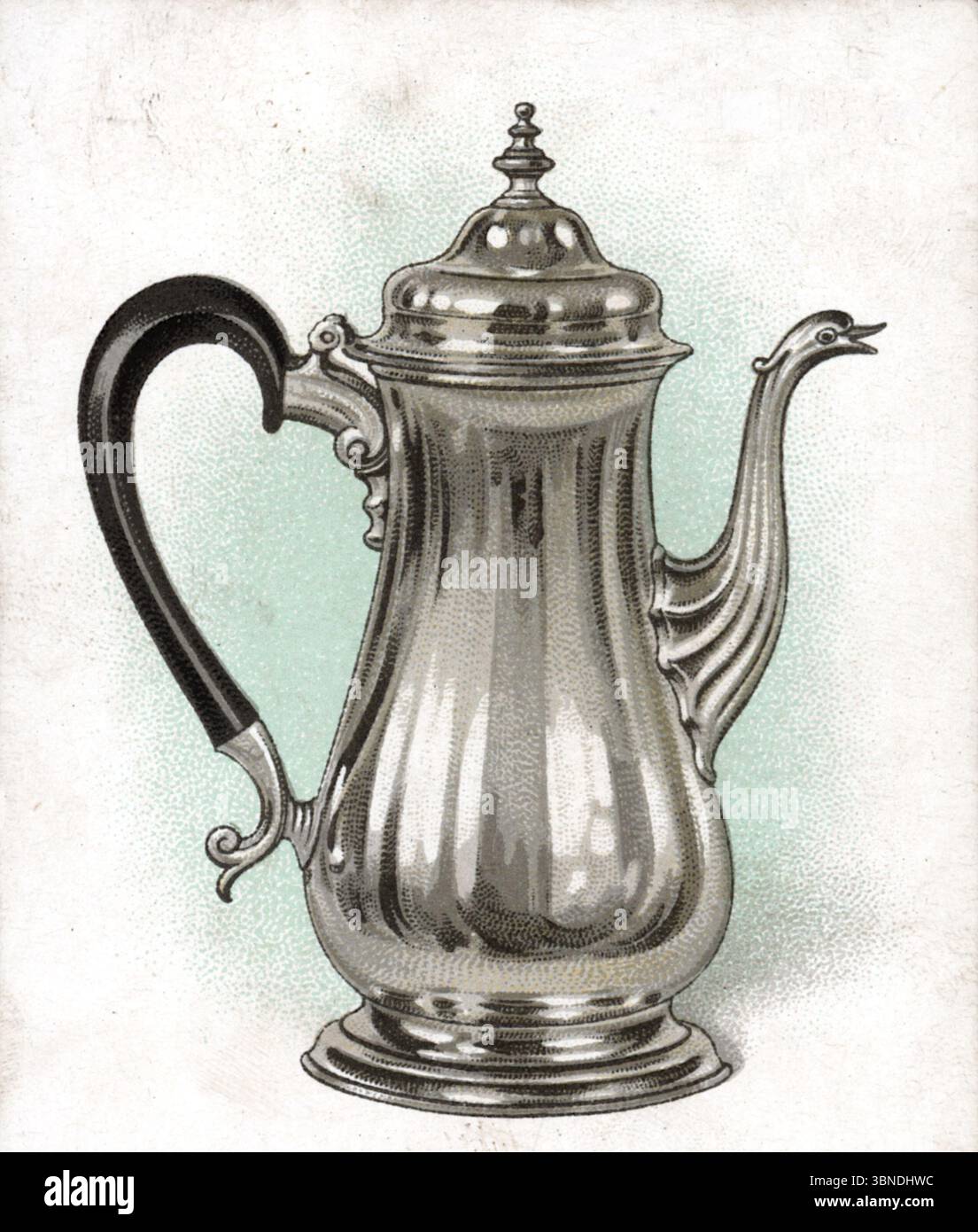 Eine siler Kaffeekanne aus der Mitte des achtzehnten Jahrhunderts, vasenförmig und relativ glatt im Design. Aus einer Serie von „Old Silver“-Zigarettenkarten, die 1924 von der Tabakfirma W.D. & H.O. Wills veröffentlicht wurden. Die Serie enthielt detaillierte Illustrationen von antikem Besteck, wie Schüsseln, Bechergläsern und Tazzas, die Handwerkskunst aus verschiedenen historischen Epochen zeigen. Stockfoto