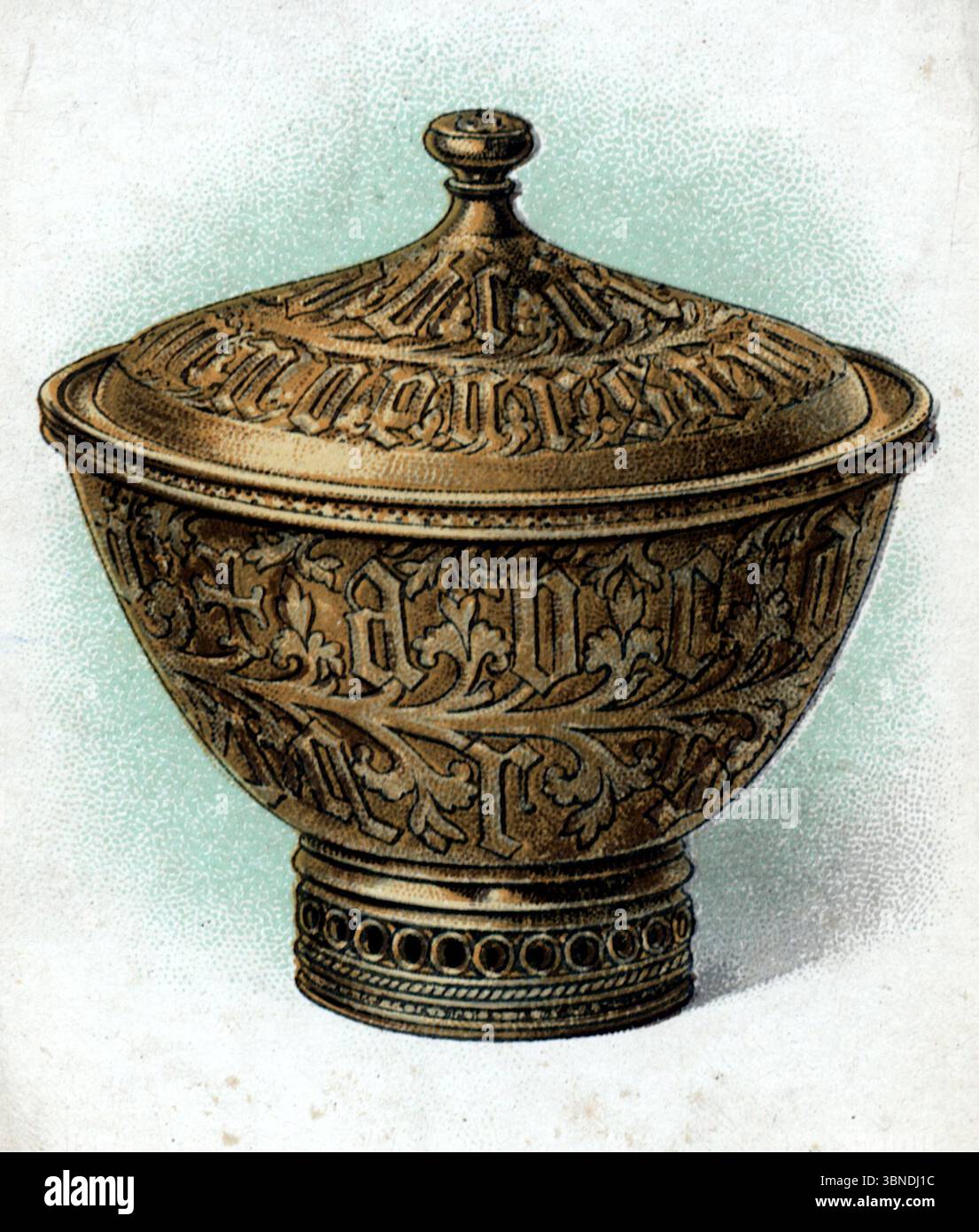 Studley Schüssel aus dem späten 14. Jahrhundert, silbervergoldet, mit einem reich gejagten und gravierten Design. Aus einer Serie von „Old Silver“-Zigarettenkarten, die 1924 von der Tabakfirma W.D. & H.O. Wills veröffentlicht wurden. Die Serie enthielt detaillierte Illustrationen von antikem Besteck, wie Schüsseln, Bechergläsern und Tazzas, die Handwerkskunst aus verschiedenen historischen Epochen zeigen. Stockfoto