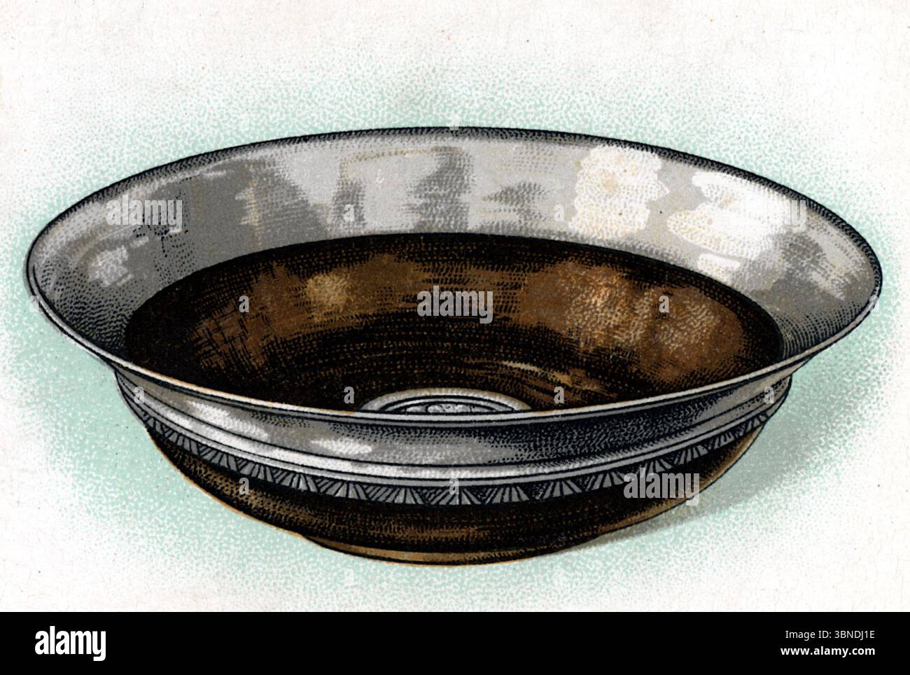 Ende des 15. Jahrhunderts Mazer Schüssel in Silber und Gold. Aus einer Serie von „Old Silver“-Zigarettenkarten, die 1924 von der Tabakfirma W.D. & H.O. Wills veröffentlicht wurden. Die Serie enthielt detaillierte Illustrationen von antikem Besteck, wie Schüsseln, Bechergläsern und Tazzas, die Handwerkskunst aus verschiedenen historischen Epochen zeigen. Stockfoto