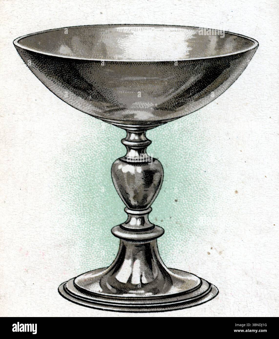 Ende des 16. Jahrhunderts versilberter Tazza-Cup. Aus einer Serie von „Old Silver“-Zigarettenkarten, die 1924 von der Tabakfirma W.D. & H.O. Wills veröffentlicht wurden. Die Serie enthielt detaillierte Illustrationen von antikem Besteck, wie Schüsseln, Bechergläsern und Tazzas, die Handwerkskunst aus verschiedenen historischen Epochen zeigen. Stockfoto