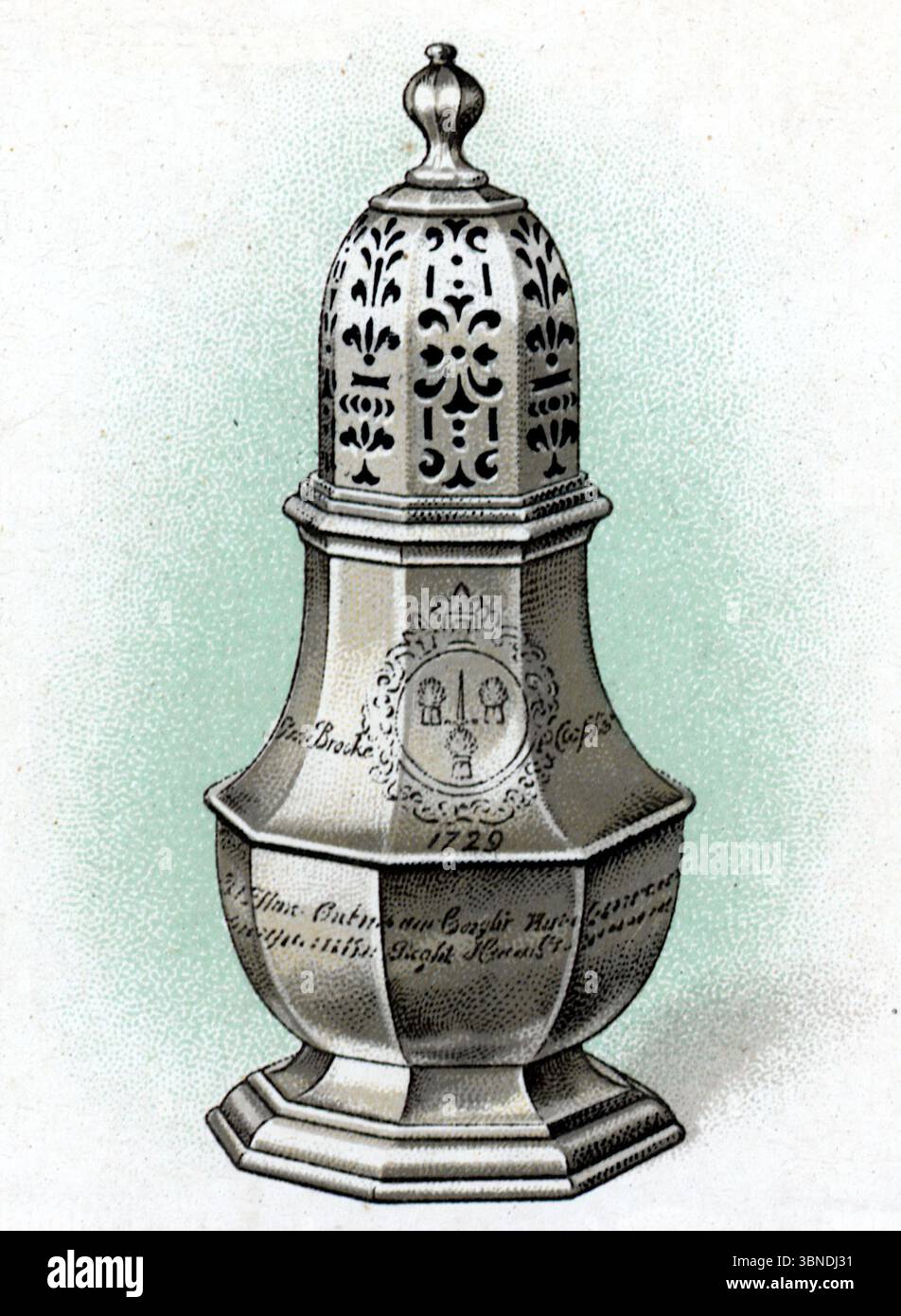 Silberzuckergießer aus dem frühen 18. Jahrhundert, hergestellt von Charles Adam, einem Londoner Silberschmied. Aus einer Serie von „Old Silver“-Zigarettenkarten, die 1924 von der Tabakfirma W.D. & H.O. Wills veröffentlicht wurden. Die Serie enthielt detaillierte Illustrationen von antikem Besteck, wie Schüsseln, Bechergläsern und Tazzas, die Handwerkskunst aus verschiedenen historischen Epochen zeigen. Stockfoto