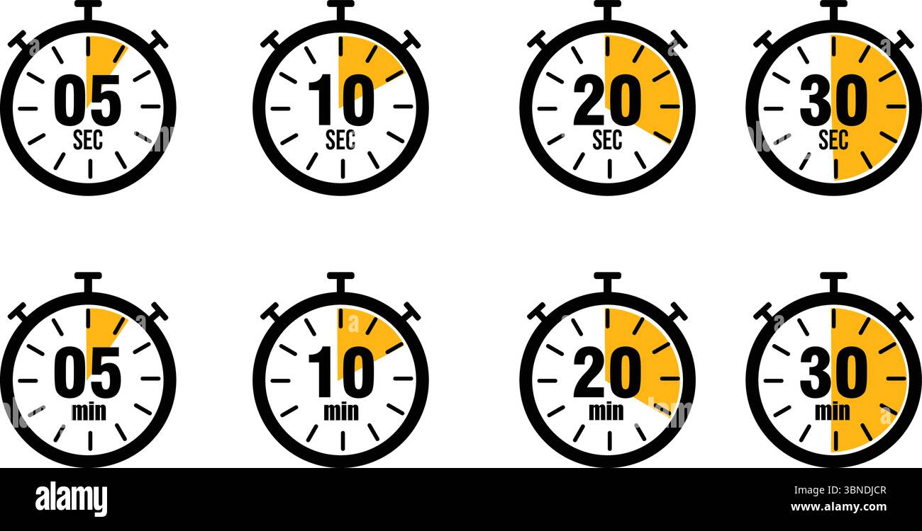 Stopwatch Icon Collection mit Countdown-Dauer von fünf bis dreißig Sekunden und Minuten Stock Vektor