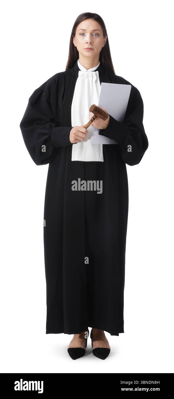 Richter mit Hammer und Dokumenten auf weißem Hintergrund Stockfoto
