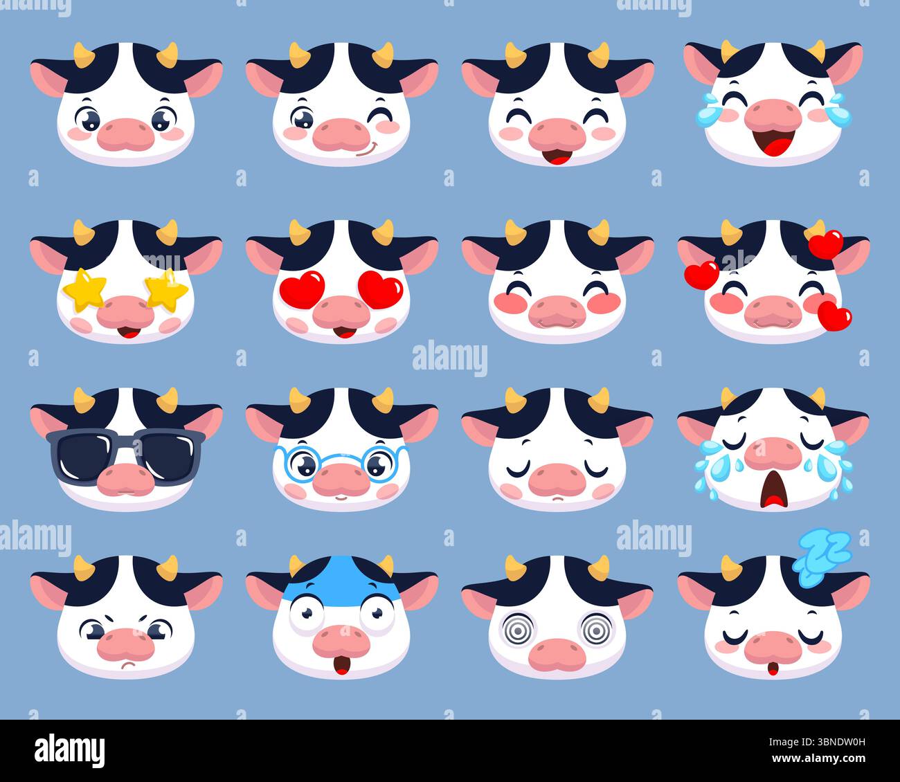 Süßes Kuh-Emoji. Verschiedene Emotionen, lustige Tiergesichter auf dem Bauernhof, lächelndes Maskottchen für Kinder, kleines weißes Kalb mit schwarzen Flecken, Stickersammlung Stock Vektor