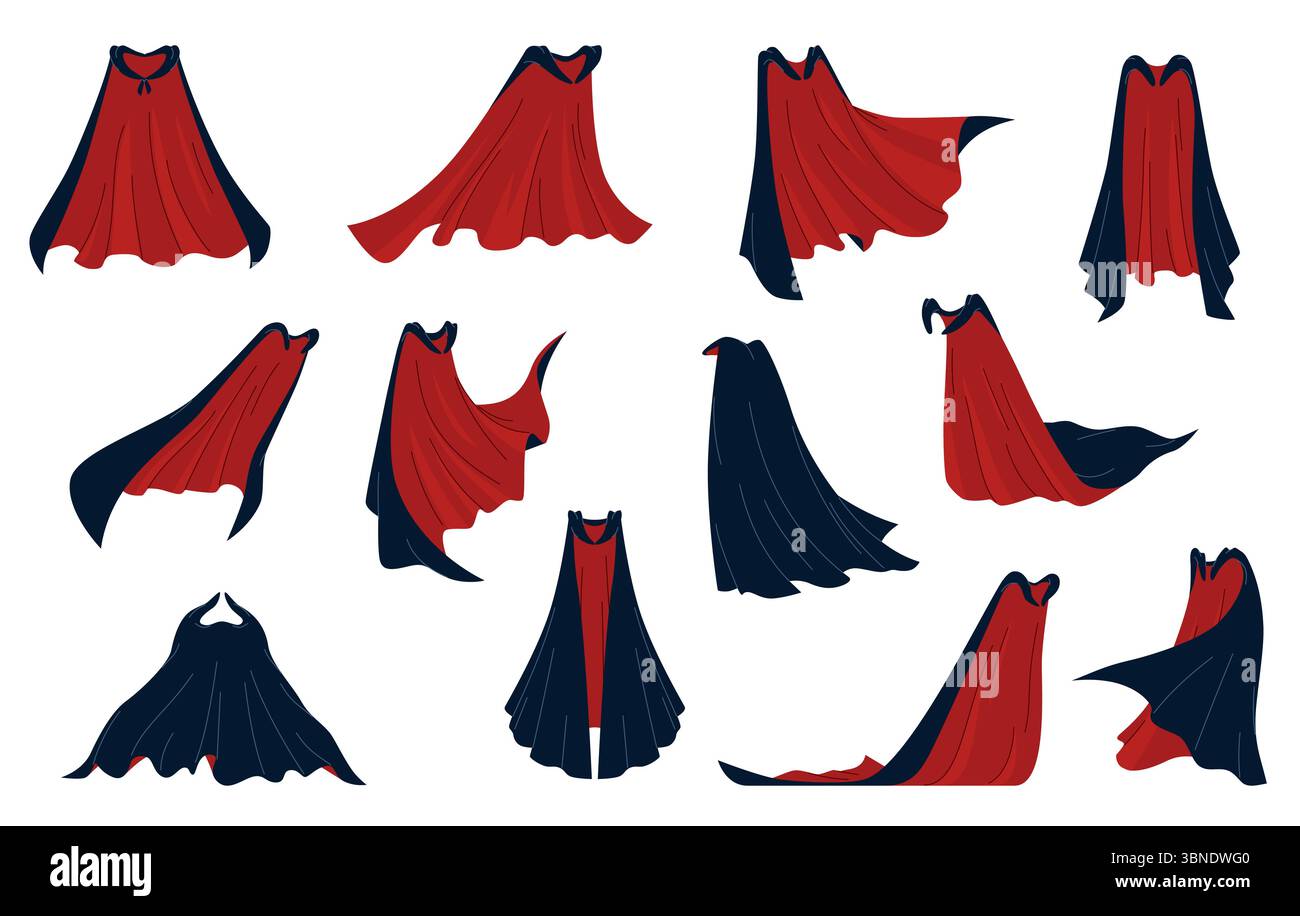 Schwarze rote Vampirumhänge. Dracula doppelseitige Mäntel, Partykostüm, mystische Kleidungselemente, halloween Accessoires, Maskerade und Karnevalstuch, n Stock Vektor