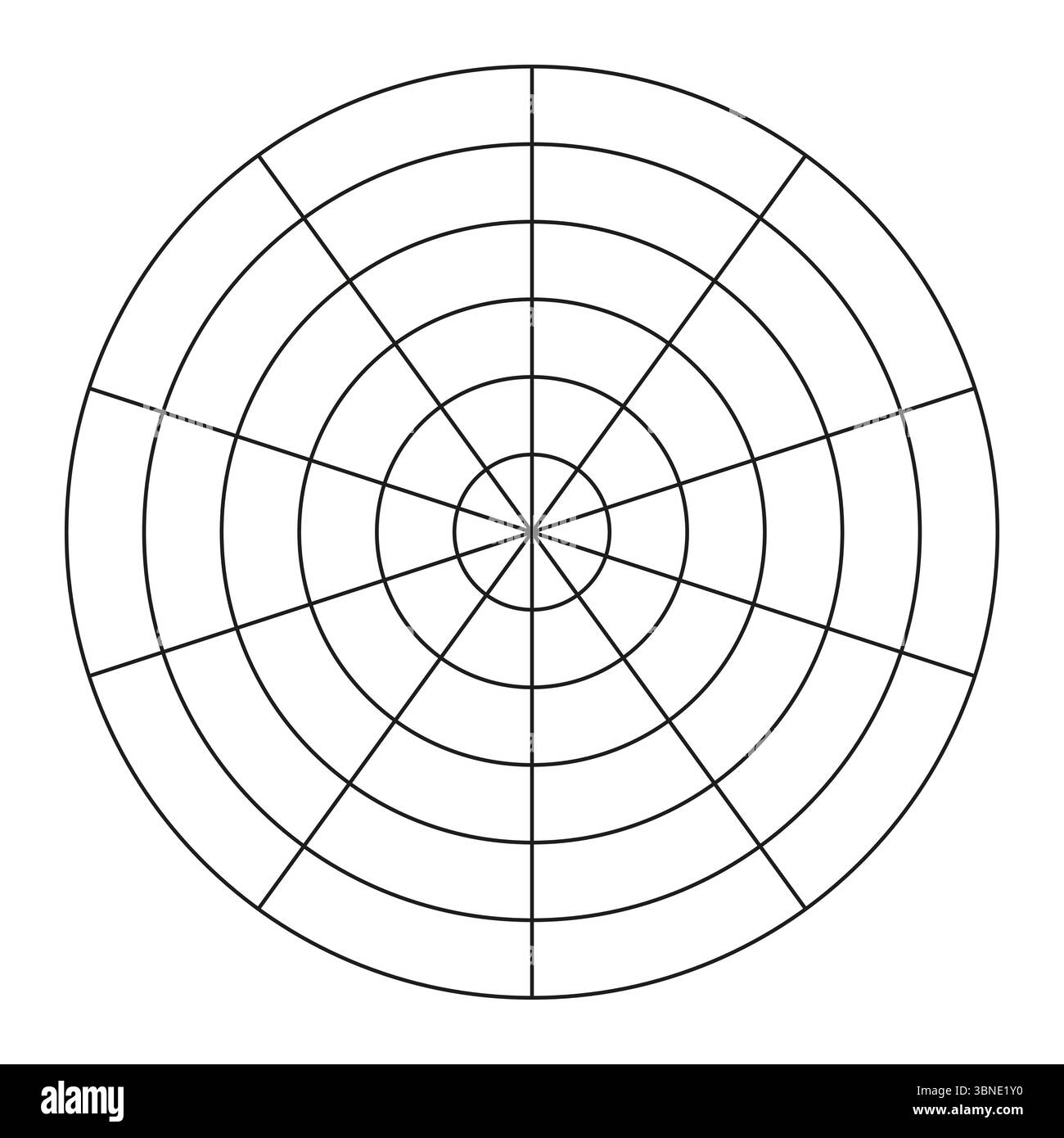 Coaching-Tool. Polares Raster aus 10 Segmenten und 5 konzentrischen Kreisen. Kreisdiagramm der Balance des Lebensstils. Vorlage „Rad der Lebensdauer“. Vektor blank Polar Stock Vektor