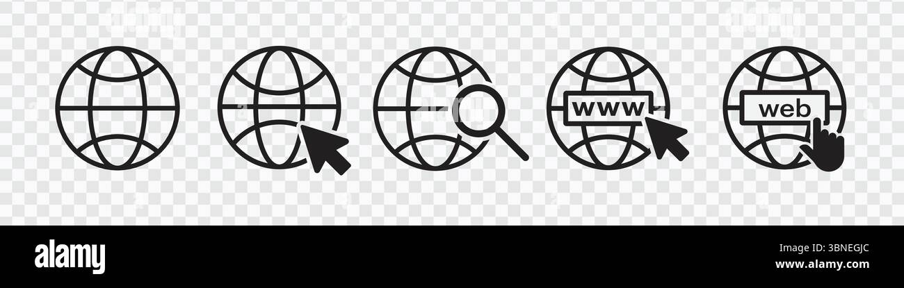 „Web-Navigationssymbole mit Globe- und Suchsymbolen festgelegt“ Stock Vektor
