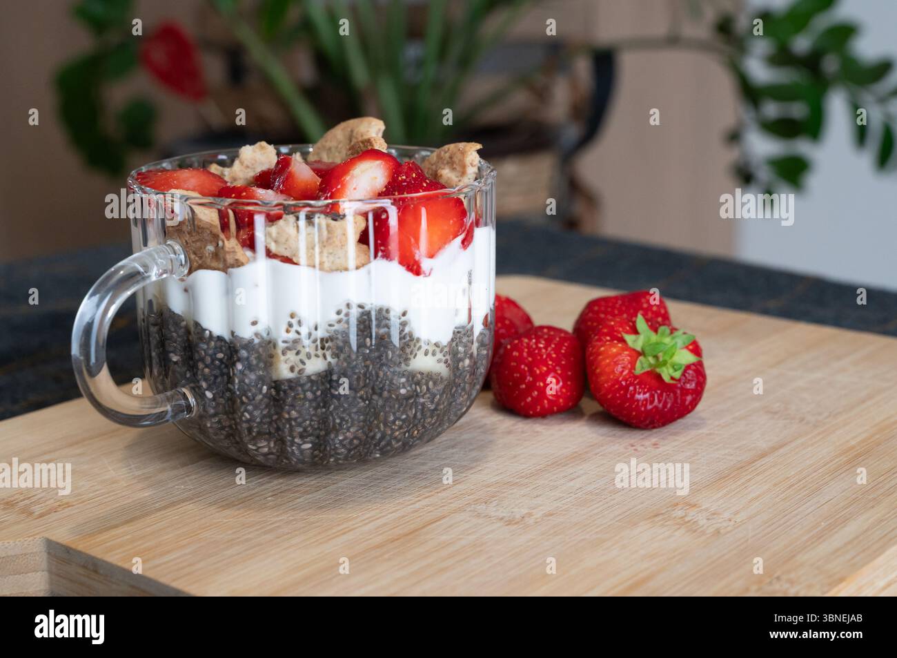 Genießen Sie ein lebhaftes Chia-Parfait mit Joghurt, Erdbeeren und Granolaa, das perfekte Frühstück oder Snack ist Stockfoto