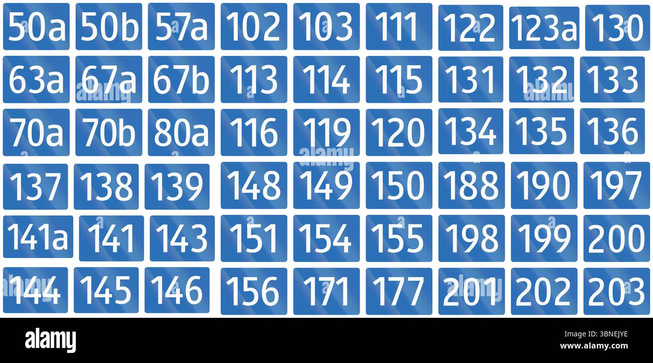 Sammlung von Zeichen der Bundesstraßen (Bundesstraßen) in Österreich. Stockfoto