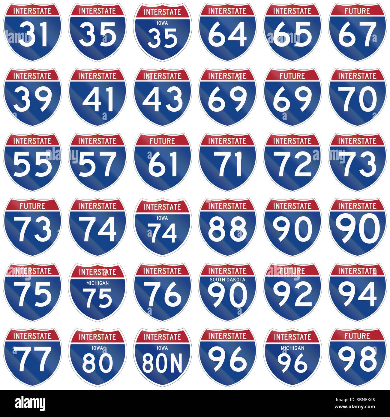 Sammlung von Interstate Highway Schilde in den USA eingesetzt. Stockfoto