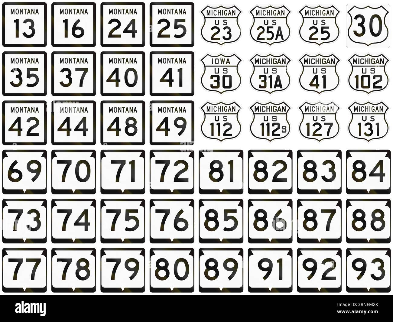 Sammlung von Wegschilden in verschiedenen US-bundesstaaten. Stockfoto