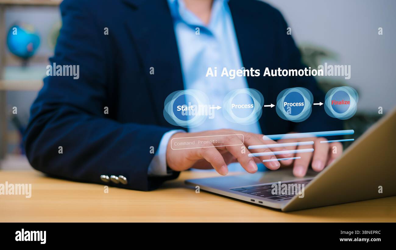 Automatisierung von KI-Agenten, die Schritte Start, Prozess, Prozess und Abschluss anzeigen, veranschaulichen KI-gestützte Workflow-Automatisierung. Geschäftsmann mit Laptop Stockfoto