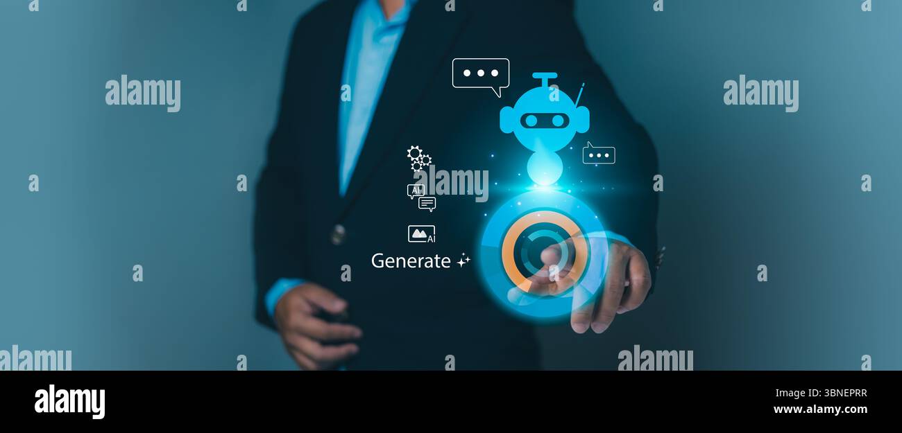 Künstliche Intelligenz, maschinelles Lernen, technologische Innovation. Konzepte der digitalen Transformation, automatisierte Lösungen, zukunftsweisendes Computing. Mann in Stockfoto