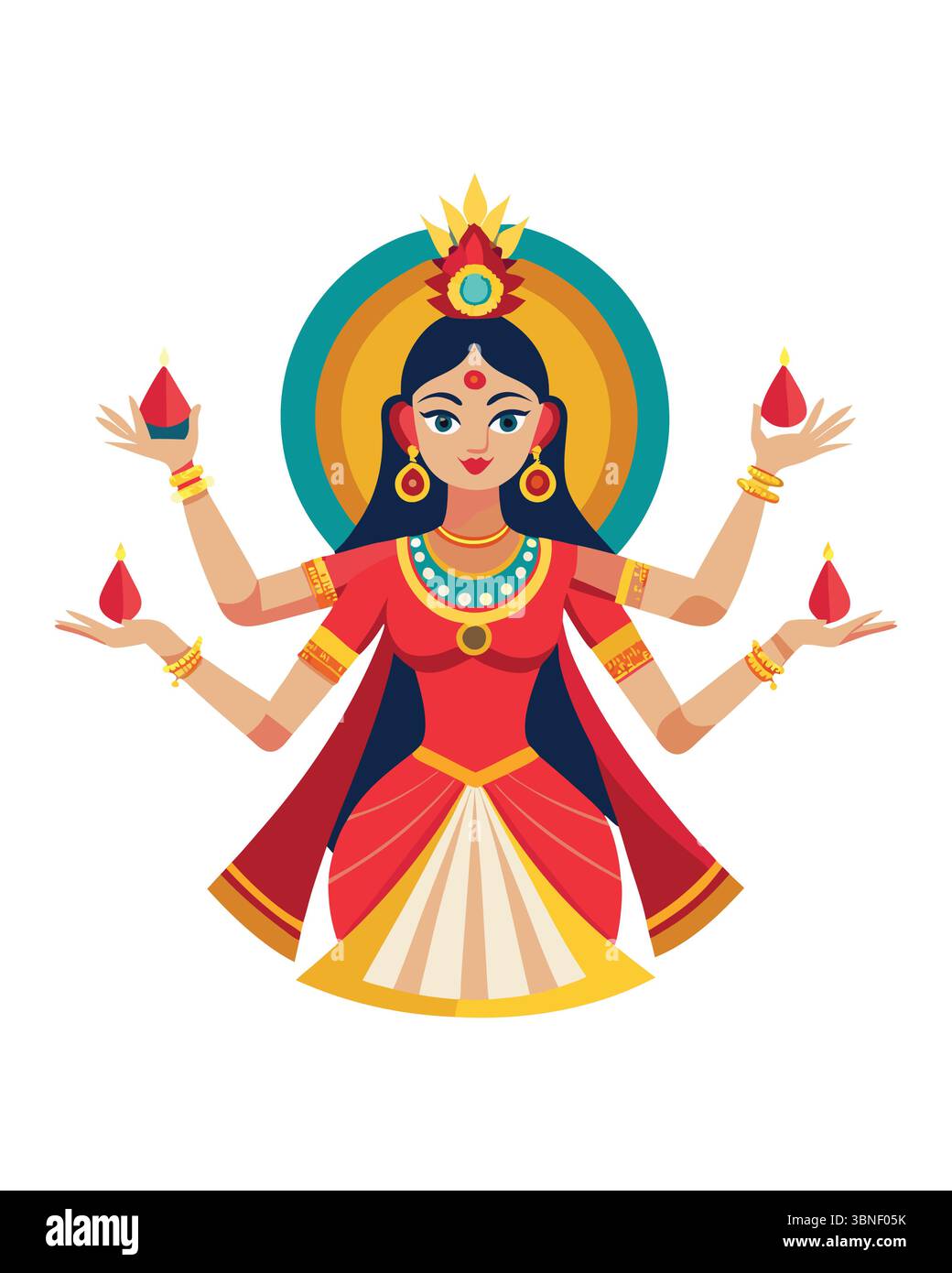 'Göttin Lakshmi Illustration mit vier Armen und Diyas' Stock Vektor 'Göttin Lakshmi Illustration mit vier Armen und Diyas' Stock Vektor
