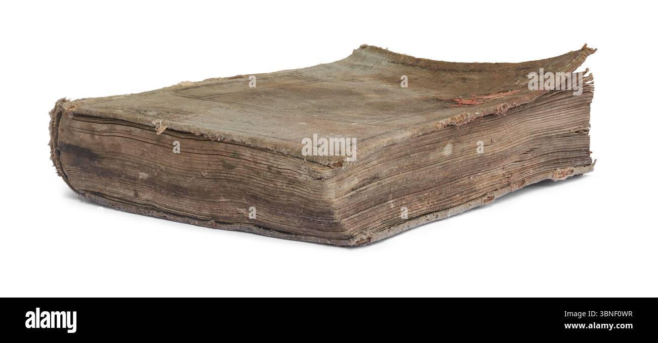 Nahaufnahme des alten zerrissenen Buches isolierter weißer Hintergrund, verfärbtes und ruiniertes Buch mit ausgefransten Kanten Seitenansicht Stockfoto