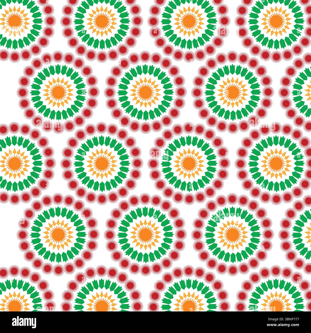 Nahtloses buntes, kreisförmiges Blumenmuster mit roten, grünen und gelben gepunkteten Mandalas auf weißem Hintergrund. Perfekt für festliche Textilien. Stock Vektor
