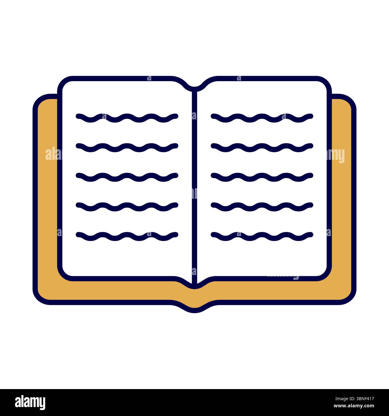 Symbol "Buch öffnen" mit stilisierten Textlinien. Diese Abbildung zeigt ein einfaches offenes Buch mit stilisierten Wellenlinien, die Text auf beiden Seiten darstellen. Stock Vektor