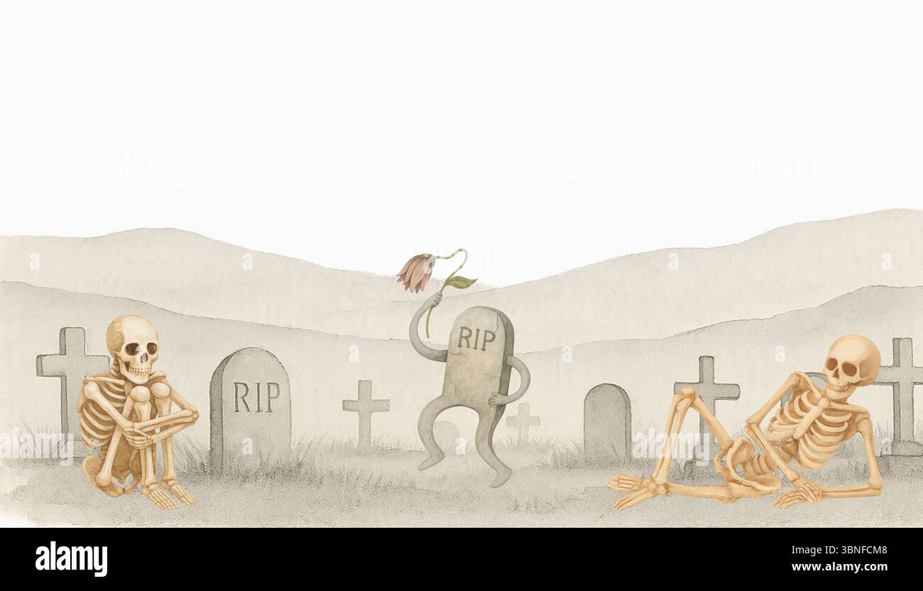 Tanzende Grabsteine und Skelette – lustige Halloween-Friedhofsszene Stockfoto