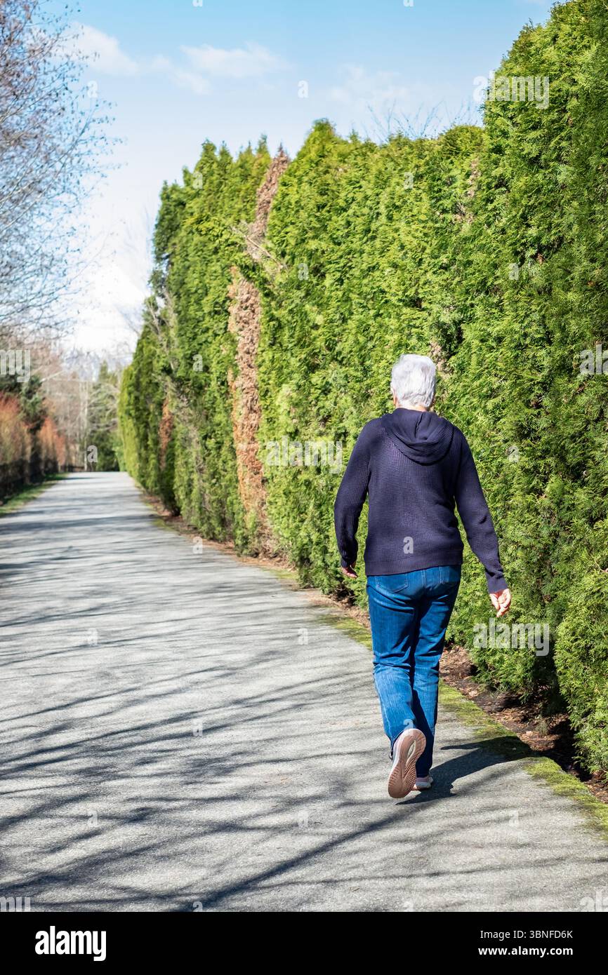 Alte Frau mit grauen Haaren, die draußen läuft, Rückansicht. Eine ältere Frau läuft im Stadtpark. Aktives Lifestyle-Konzept. Pensionierter weiblicher Genusskönig Stockfoto