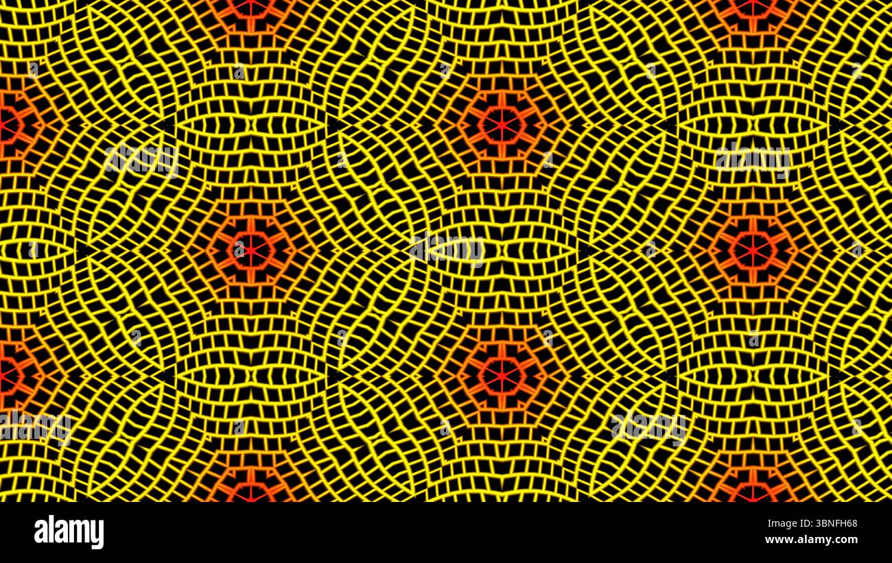 Gelbes und rotes Mesh-optisches Muster – abstraktes rasterbasiertes Visual für technische Ästhetik, digitale Poster und Bewegungsgrafiken Stockfoto
