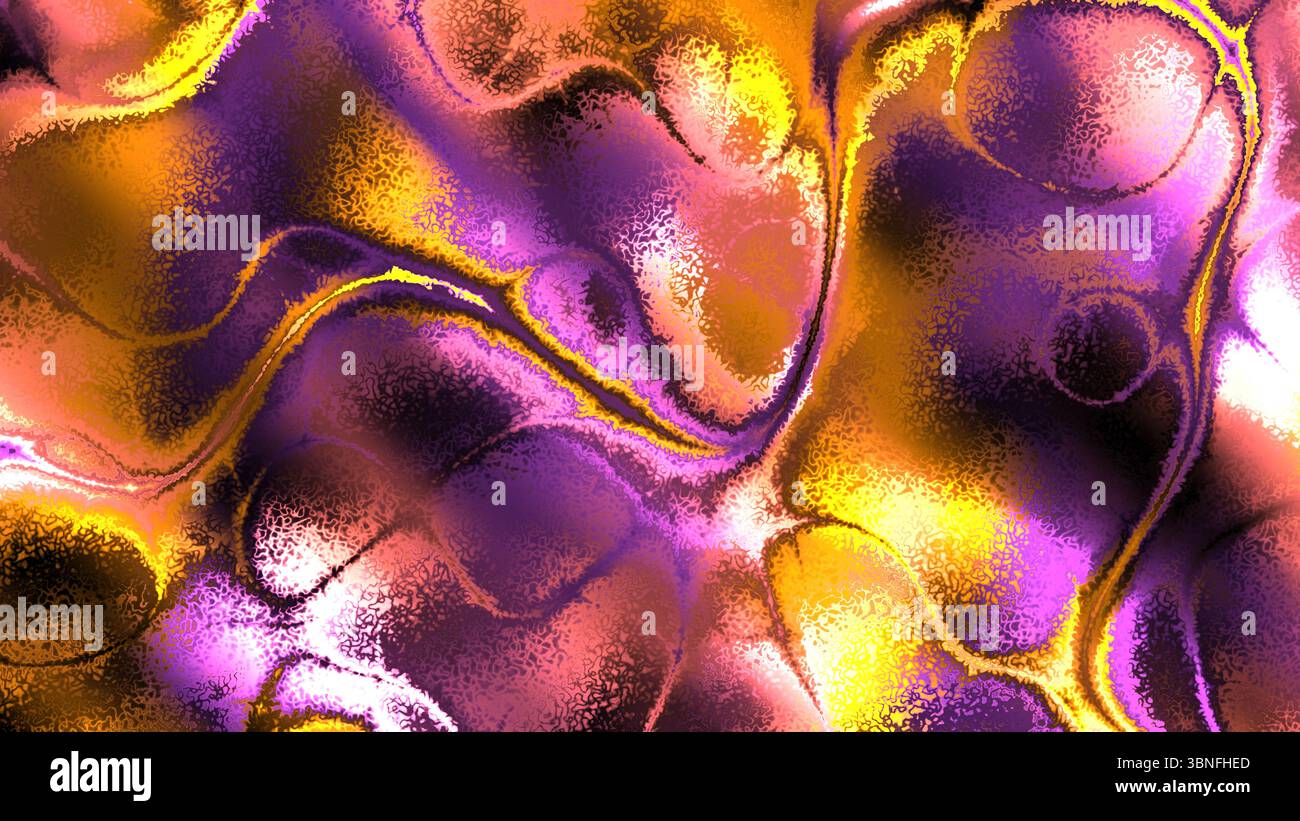 Golden Violet Liquid abstrakte Textur - luxuriöses fließendes Muster für Fashion Branding, Kosmetikverpackungen und Visual Design Projekte Stockfoto