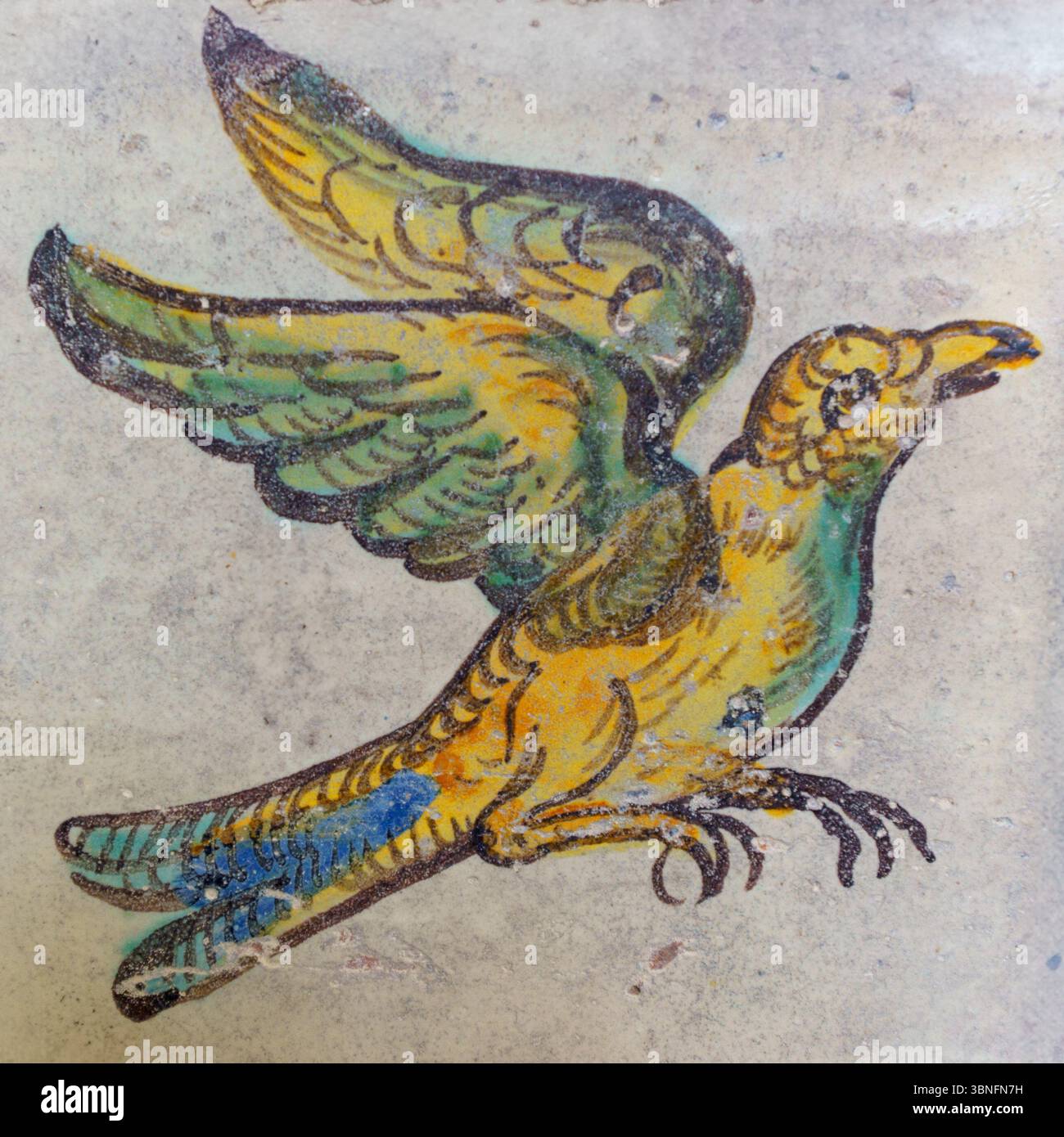 Ein lebhaftes Fresko eines Vogels mit gelbem und grünem Gefieder in der Kirche von Gesù (Chiesa del Gesù) in Palermo, Sizilien. Die Bildmaterial-Features Stockfoto
