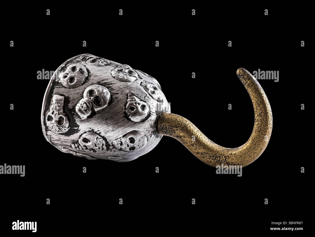 Piratenhakenarm isoliert auf schwarzem Hintergrund mit Beschneidungspfad Stockfoto