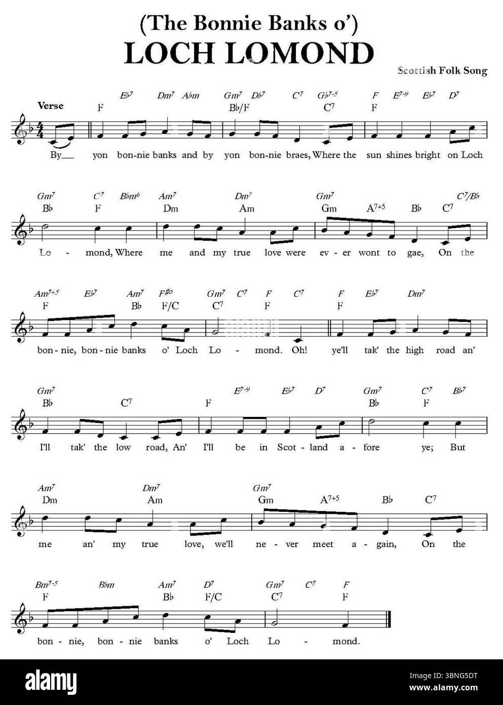 Loch Lomond (schottisches Volkslied). Stockfoto