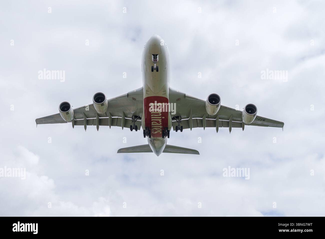 Emirates A380 am Flughafen Manchester International Stockfoto