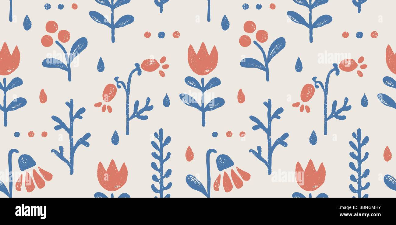Nahtloses Vektor-Vintage-Blumenmuster im skandinavischen Stil. Nahtloses Retro-Muster mit Grunge-Blüten und Beeren. Blau und weiß. Stock Vektor