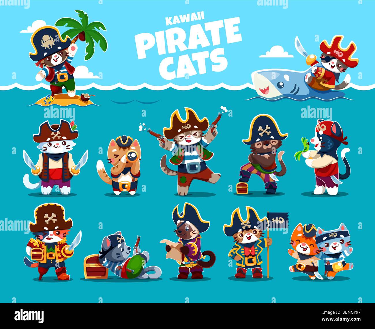 Kawaii Piratenkatzenfiguren in Korsair-Kostümen. Niedlicher Kapitän, Seemann, Skipper, Schütze und Bootsführer Piratenkatzen und Kätzchen Vektorfiguren mit schwarzen Hüten, Flagge, Schatzkiste, Karte Stock Vektor
