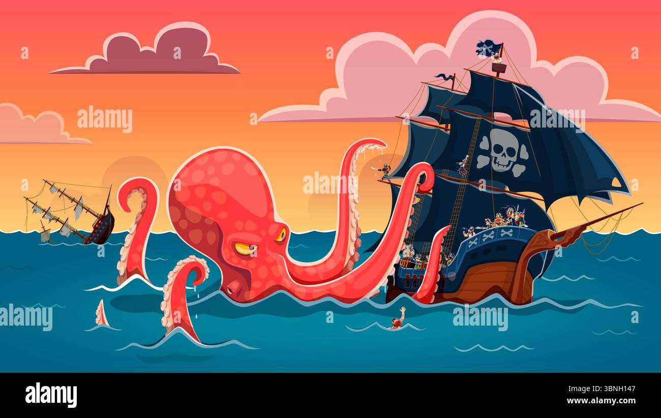 Große Kraken-Kraken-Kraken-Kraken-Wrack-Vektor-Hintergrund des Piratenschiffes. Gruselige Meeresungeheuer oder riesige Kraken-Kraken-Kraken-Tier-Zeichentrickfigur, die Korsair-Segelboot mit riesigen Tentakeln angreift. Pirate Adventure Game Stock Vektor